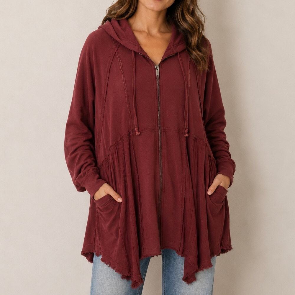OLI & HALI x ANTHROPOLOGIE | Boho Raw Hem Zip Hoodie Jacket Tunic Top | Large